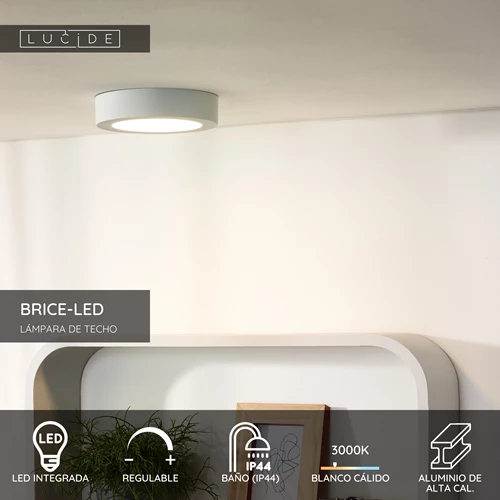 Lucide BRICE-LED - Lámpara de techo Baño - Ø 18 cm - LED Regul. - 1x12W 3000K - IP44 - Blanco - USP